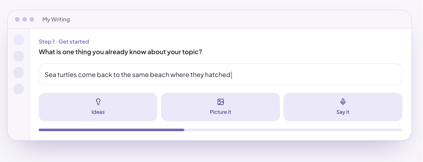 Milo writing-interface marketing example: My Writing, Step 1 · Get started, What is one thing you already know about your topic? A student writes: Sea turtles come back to the same beach where they hatched. Supports shown: Ideas, Picture it, Say it.